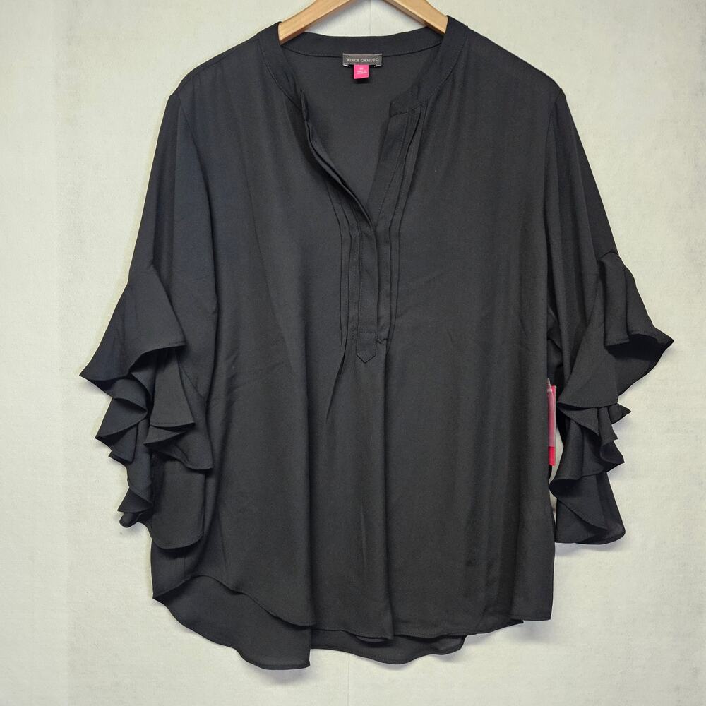 NWT Vince Camuto Black Ruffle Sleeve Split Neck Blouse Top Size XL